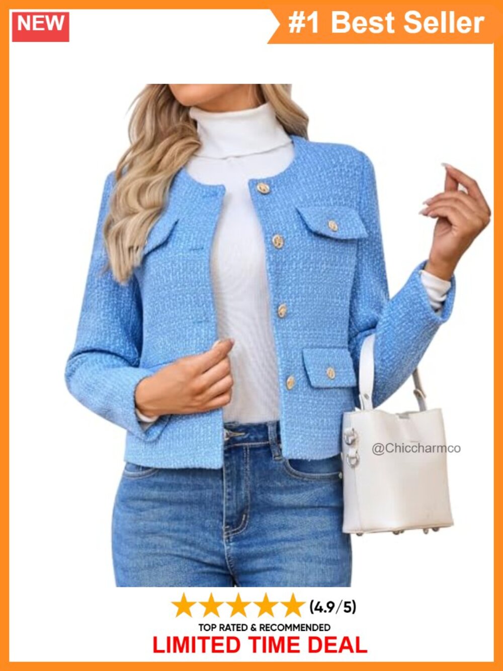 Tweed Blazer Jacket Long Sleeve Button Down Business Casual Cropped Coat